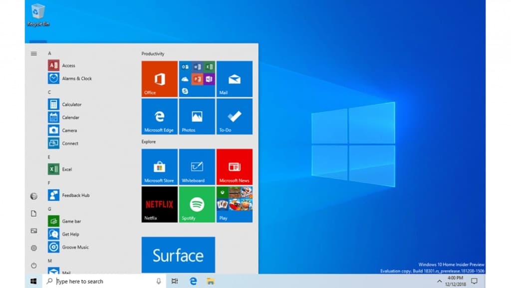 windows 10 start menu 19h1