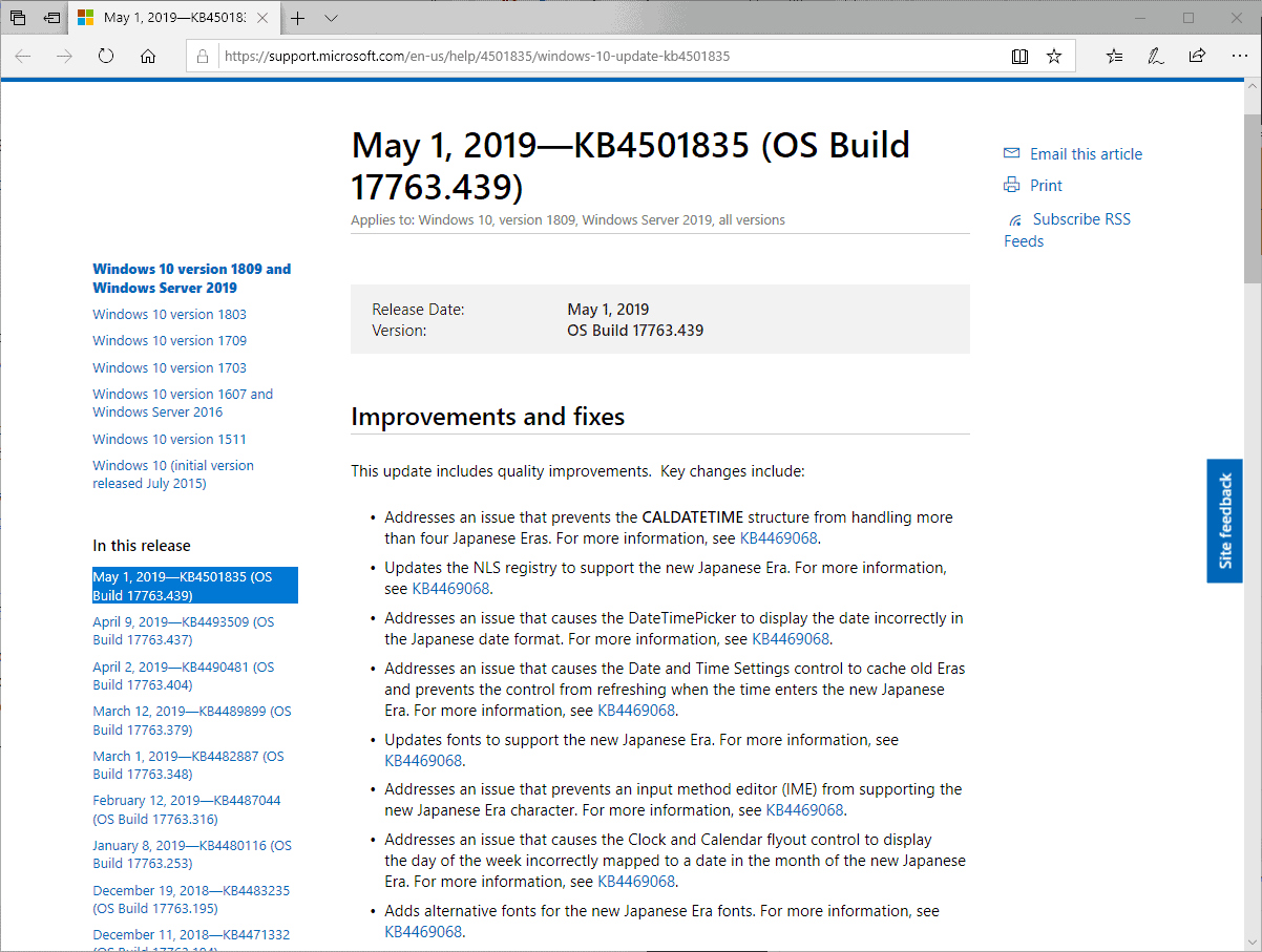 Microsoft releases KB4501835 for Windows 10 version 1809