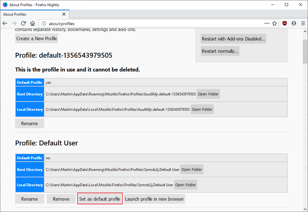 firefox set default profile