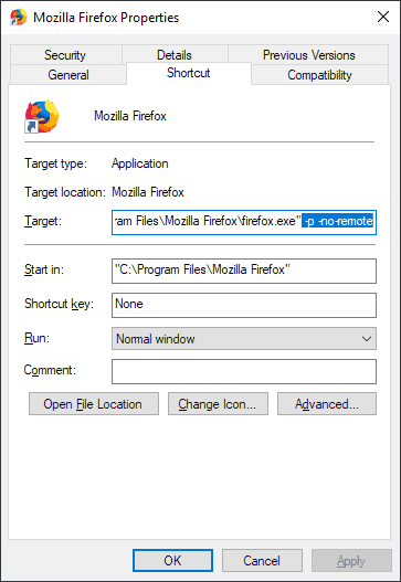 firefox shortcut load profile