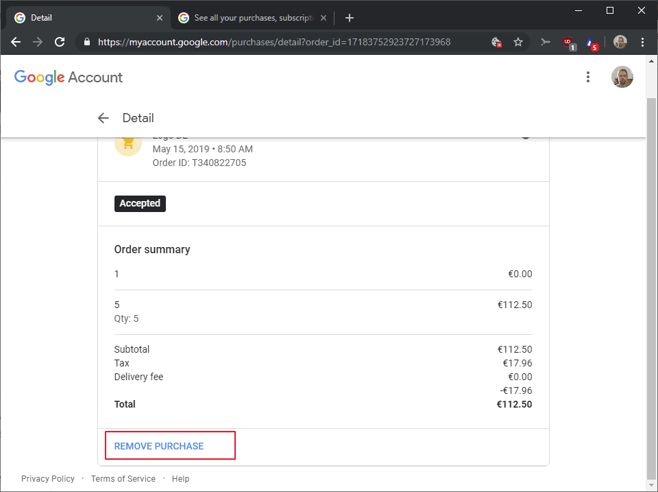 gmail remove purchases