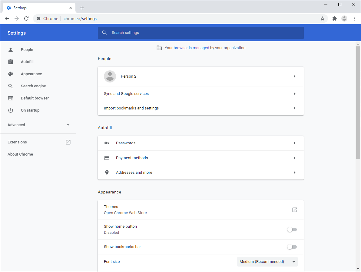 google chrome settings page