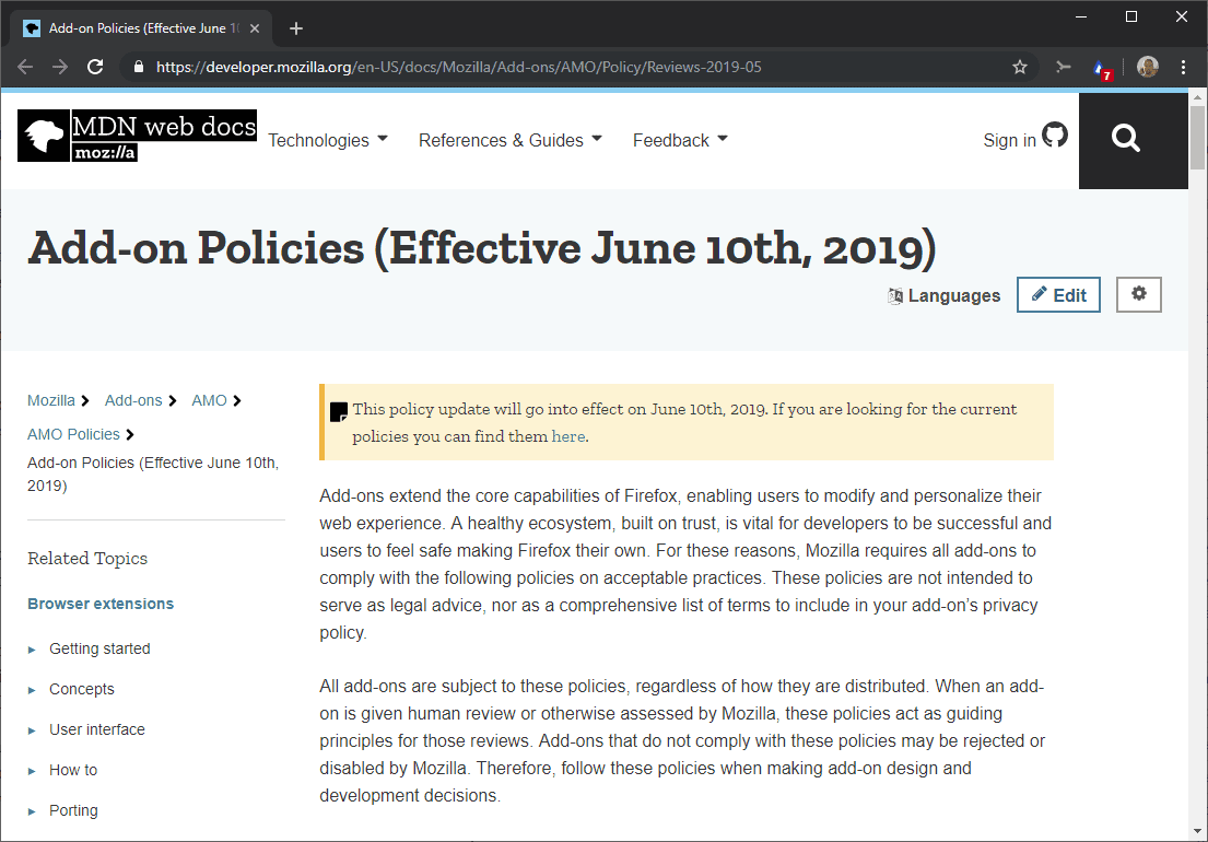 mozilla add-on policies