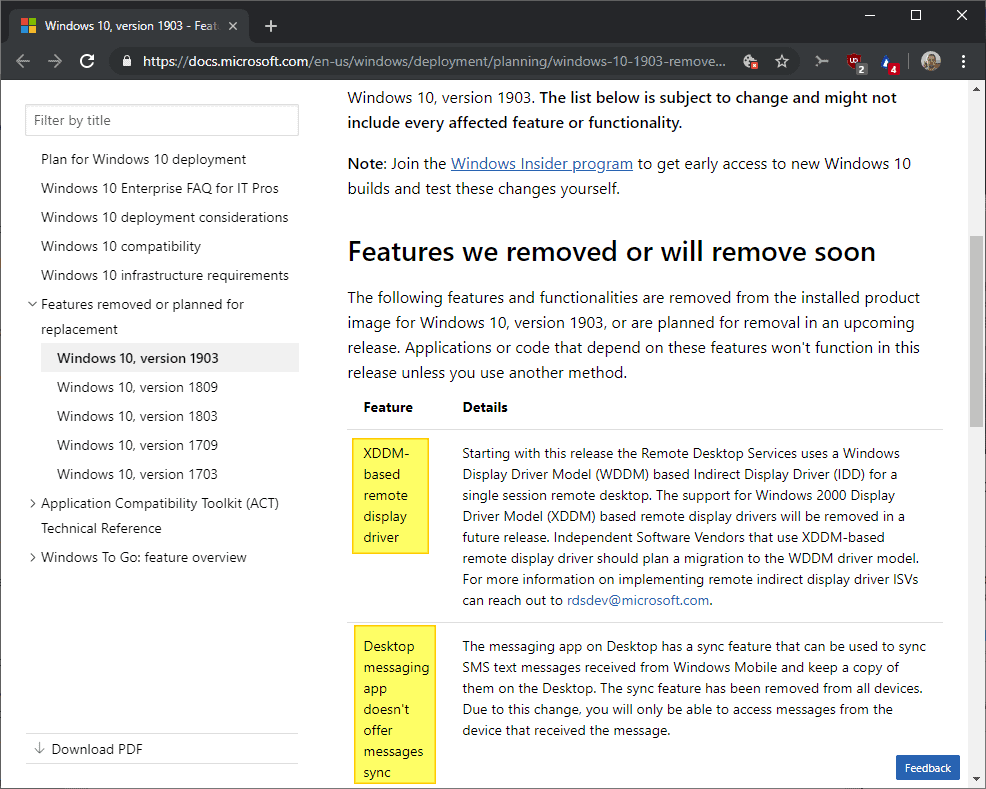 windows 10 1903 feature removed deprecated