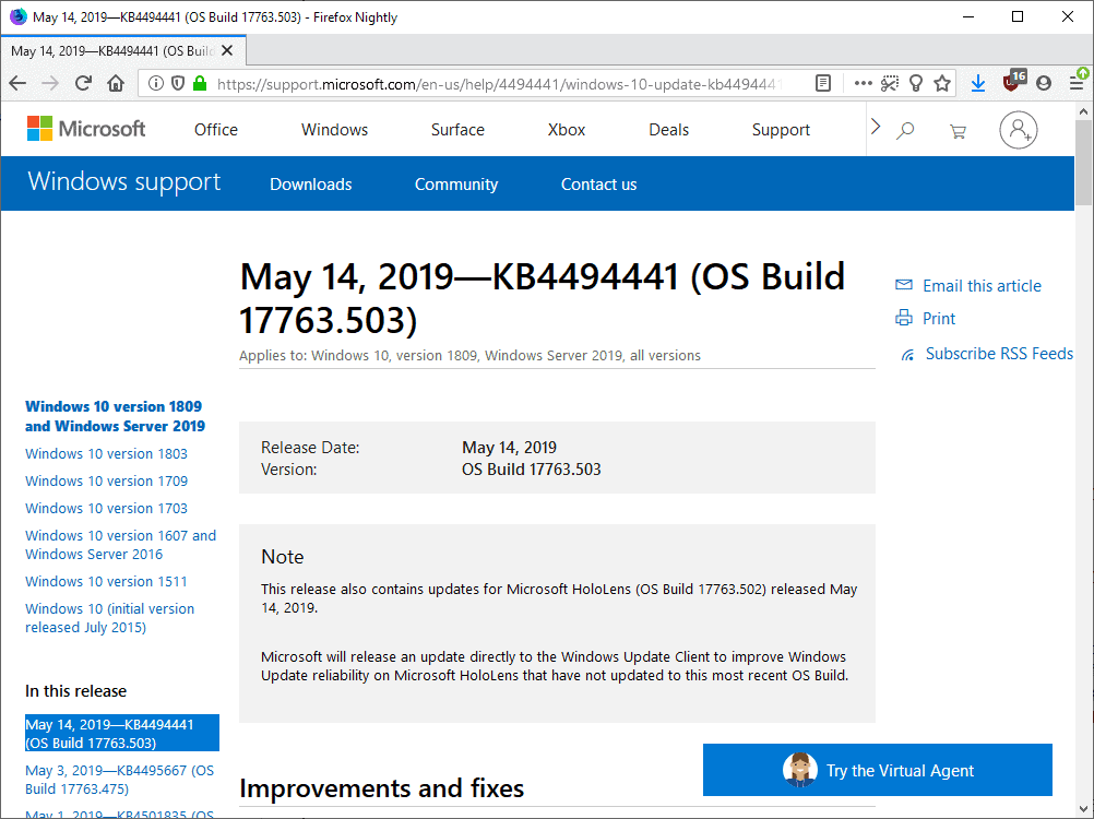 Windows mai 2019 mises à jour de sécurité Microsoft