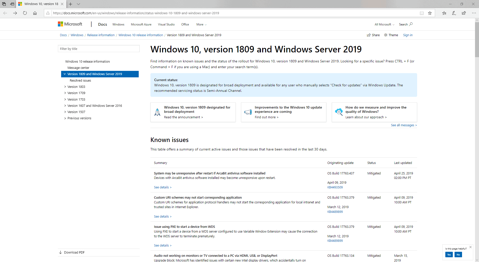 windows release information