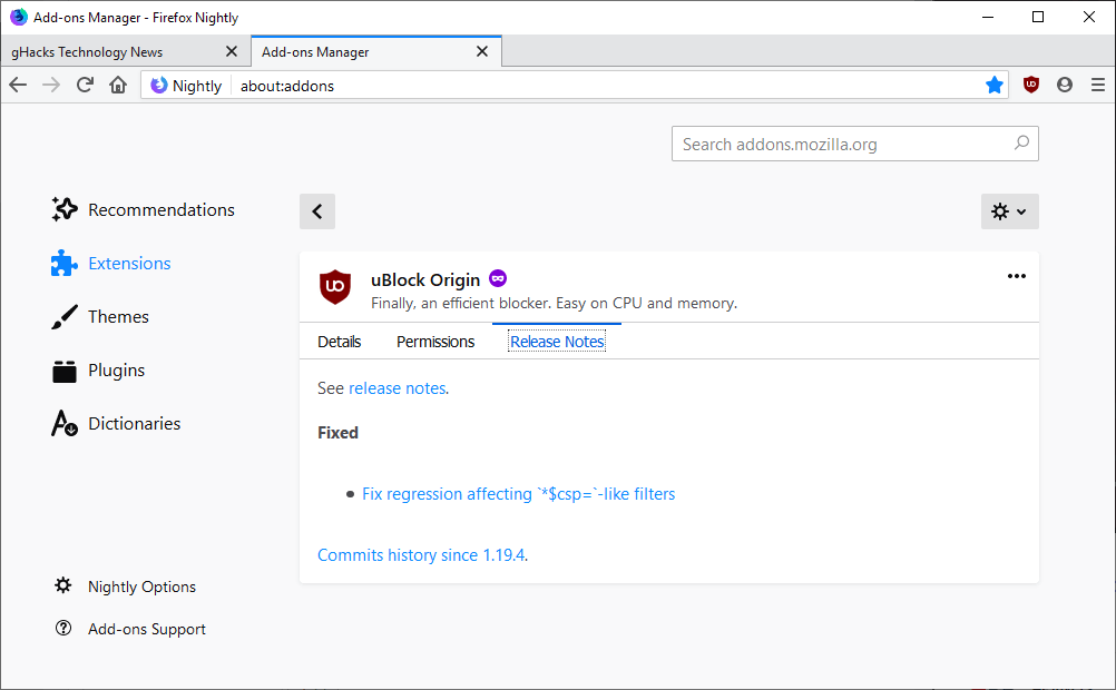 Firefox 68: add-on release notes in add-ons manager