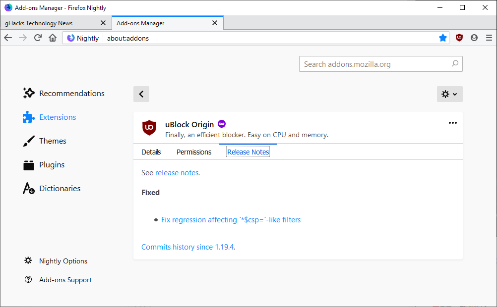 firefox add-ons manager release notes