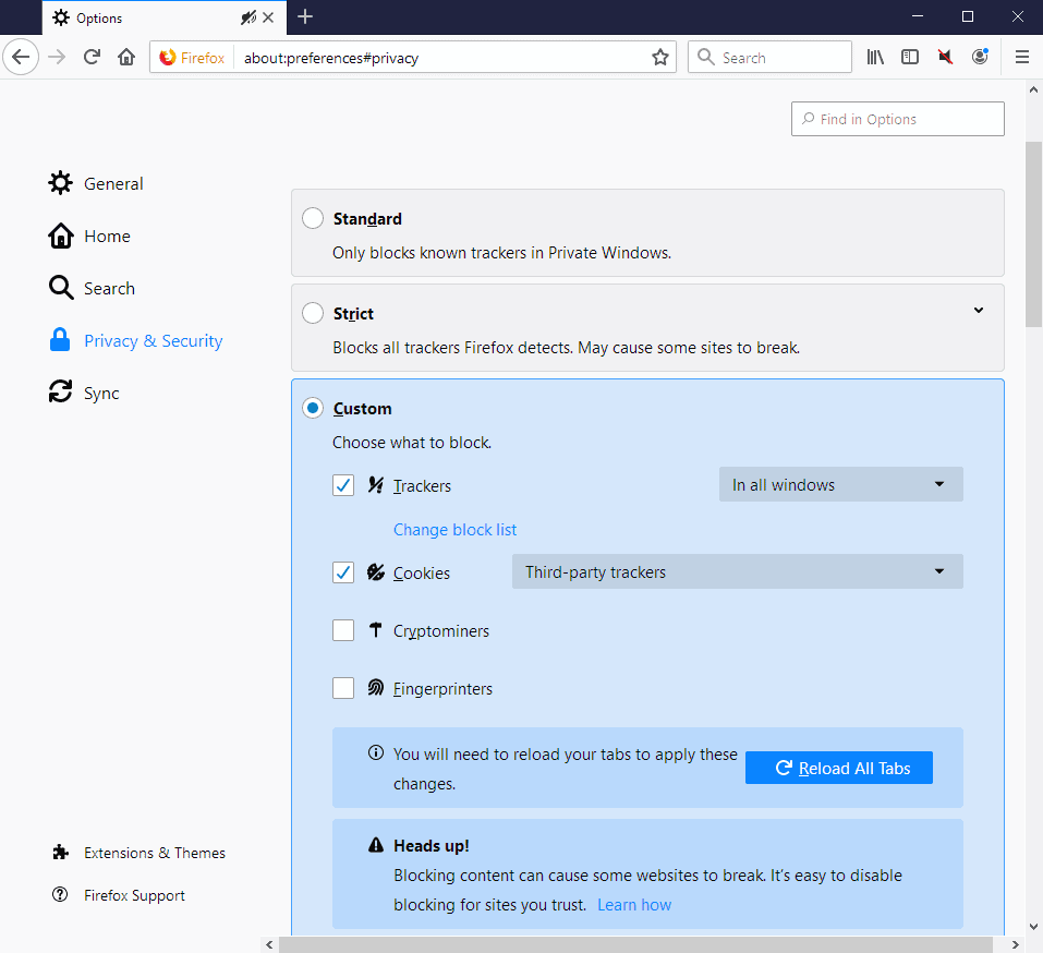 firefox tracking protection default