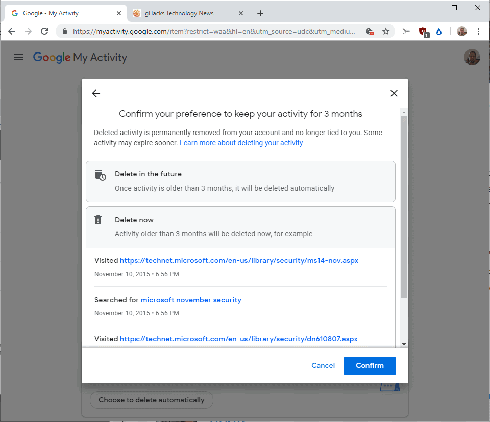 google activity setting delete