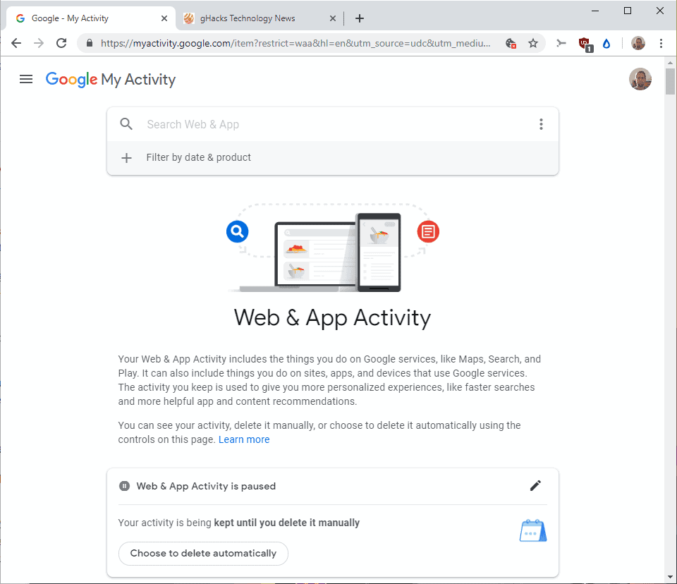google web app activity delete automatically