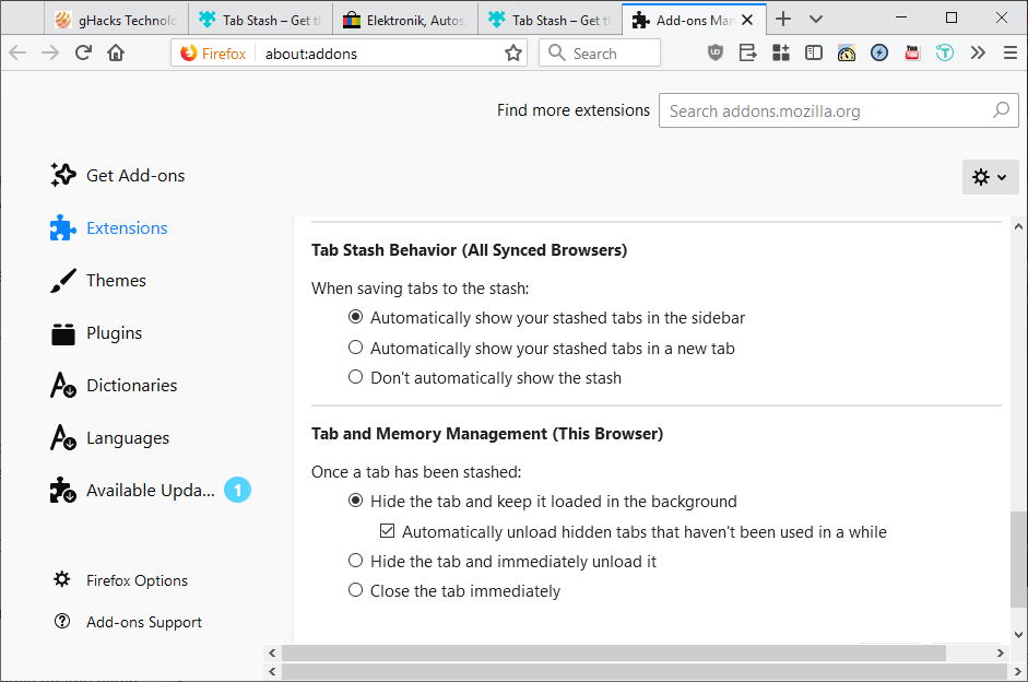 tab stash options