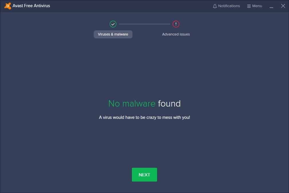 Avast Free Antivirus - scan result