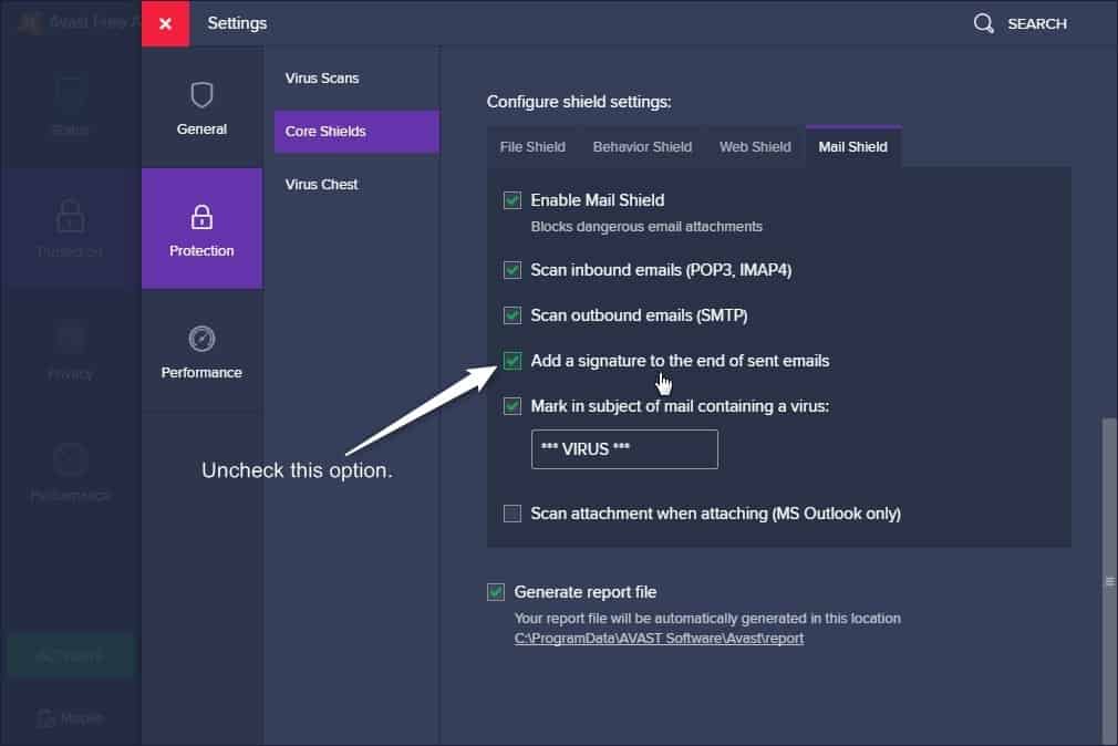 How to disable the email signature in Avast Free Antivirus