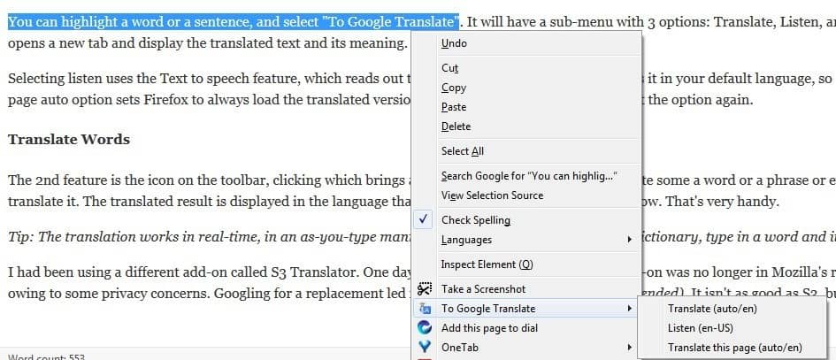 To Google Translate highlight Firefox