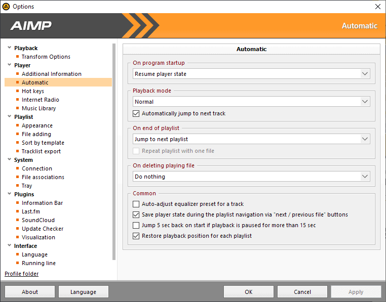 aimp resume playback