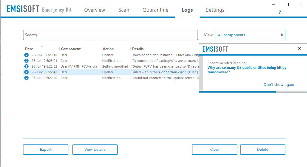 emsisoft log blog news