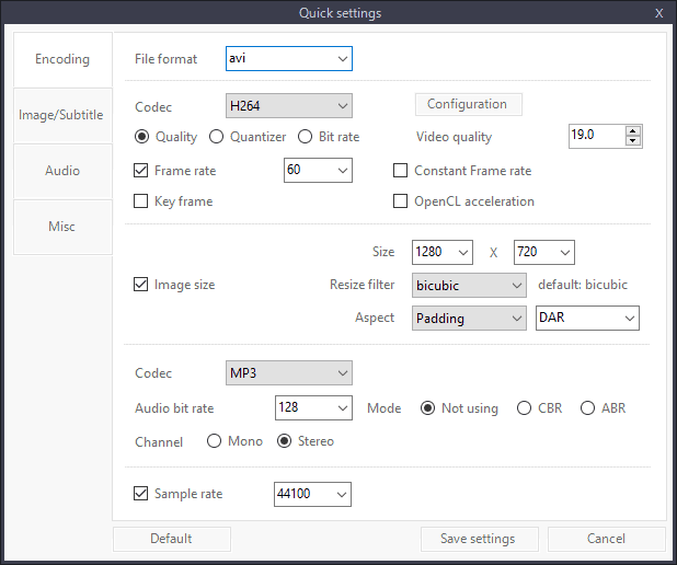 quick conversion settings