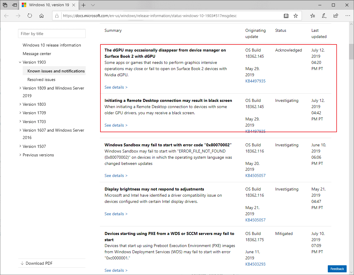 windows 10 version 1903 new issues
