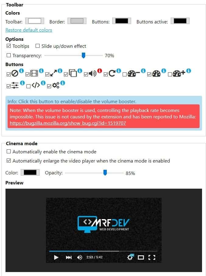 Enhancer for YouTube settings