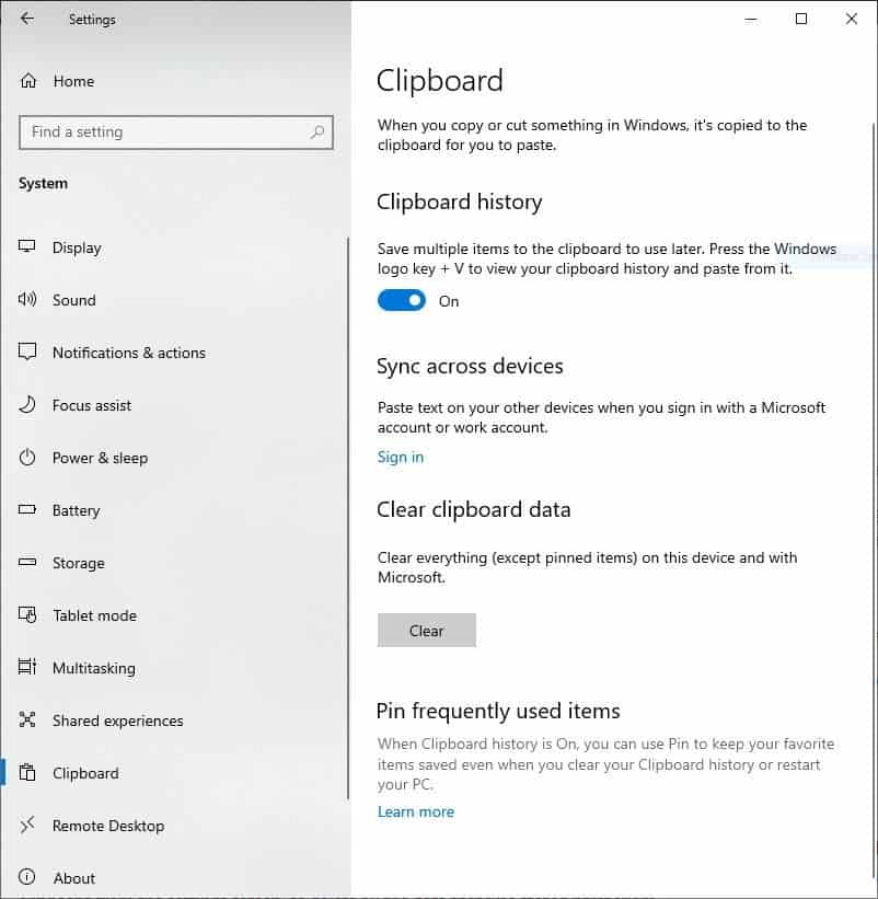 How to enable Clipboard history in Windows 10
