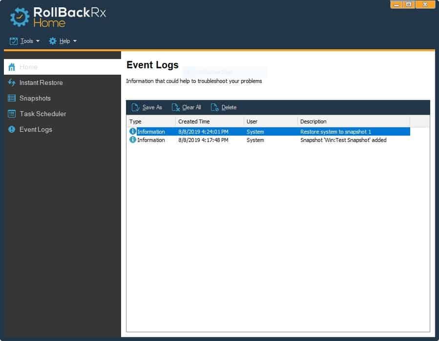 RollBack Rx event logs