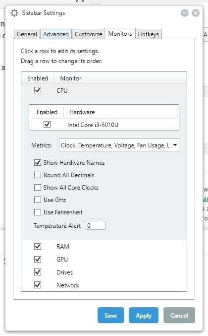 Sidebar Diagnostics settings