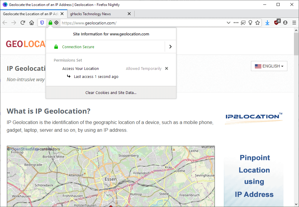 Firefox 70 shows an indicator when geolocation has been used