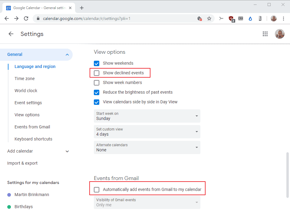 google calendar disable show declined events