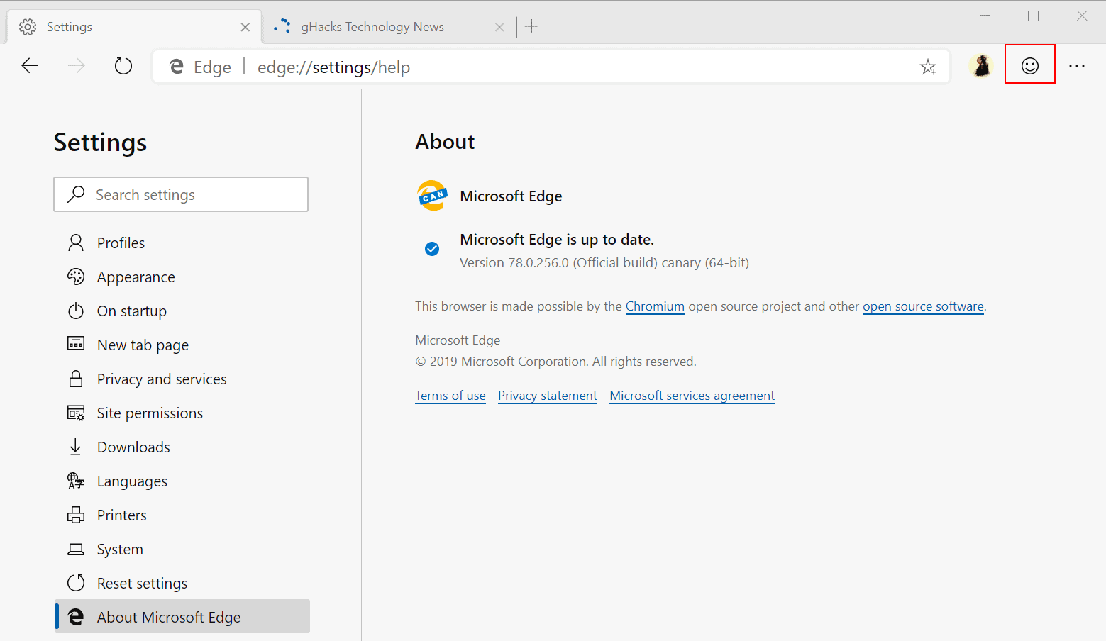 microsoft edge smiley feedback icon