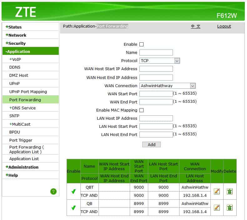 Example port forwarding