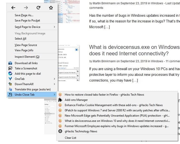 Undo Close Tab Firefox extension page context menu