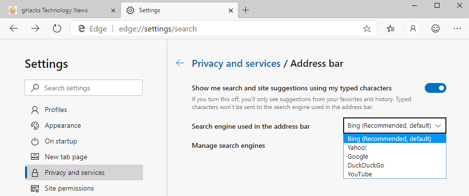 change search engine microsoft edge chromium