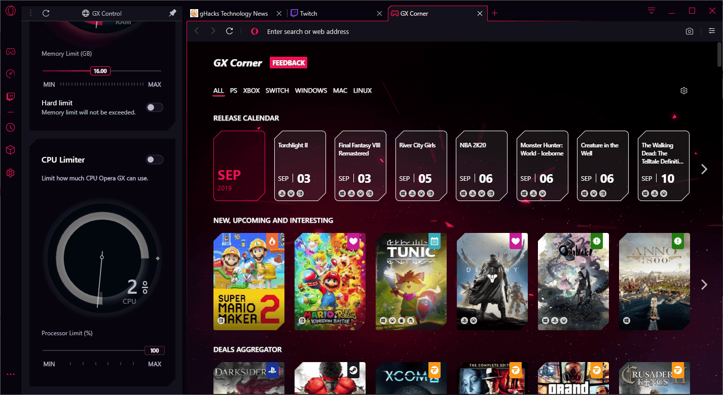 The Opera GX browser is built for gamers with RAM and CPU limiters