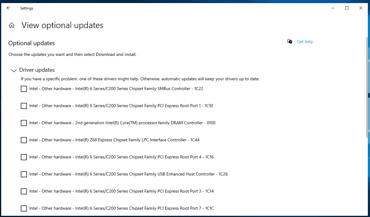 optional driver listing windows 10 20h1