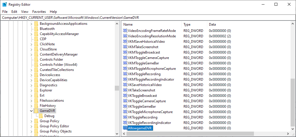 registry disable game bar windows