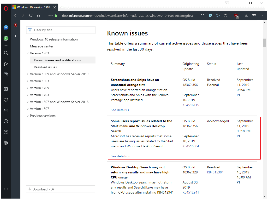 windows 10 1903 search issue