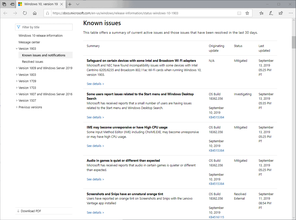 Windows 10 version 1903: list of known issues increases