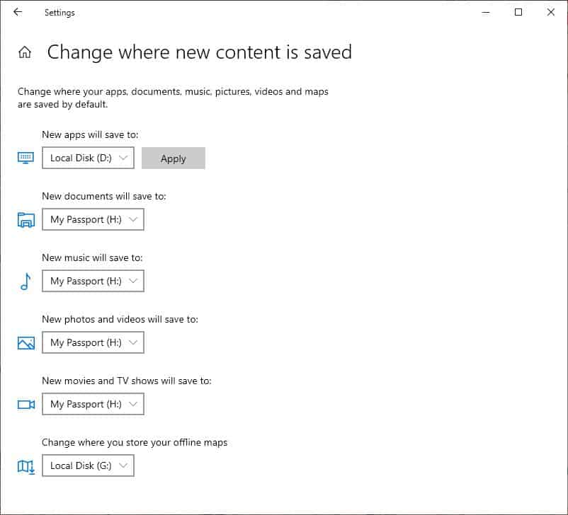 How to change the default save location in Windows 10 - apply