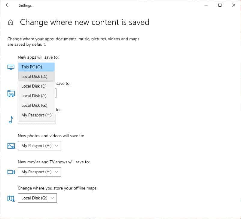 How to change the default save location in Windows 10 - choose a drive