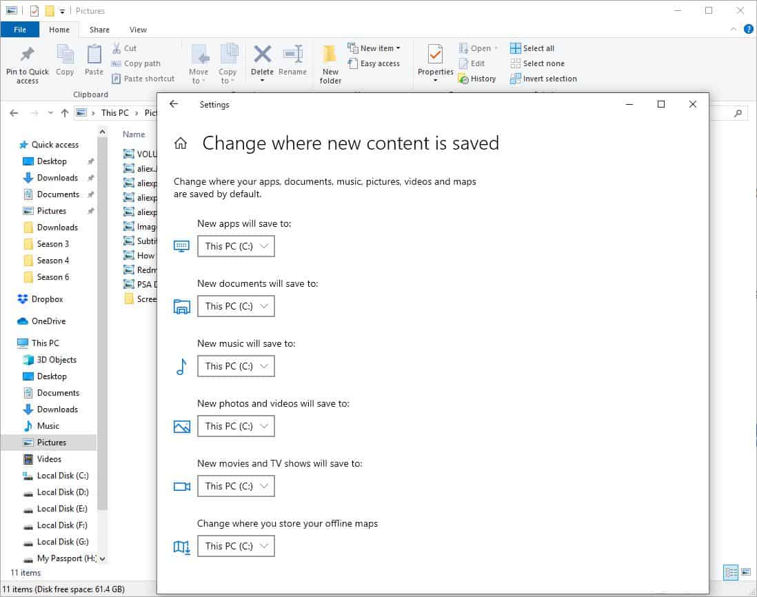 How to change the default save location in Windows 10