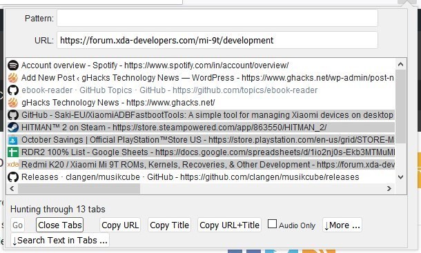 Tabhunter extension for Firefox and Chrome multi-select tabs