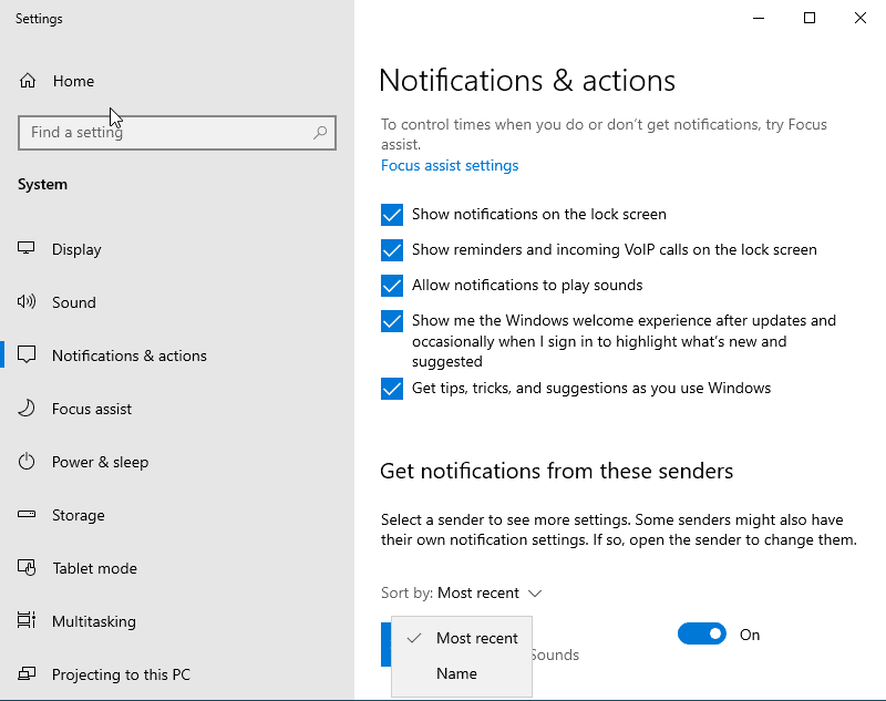 notifications in windows 10 version 1909