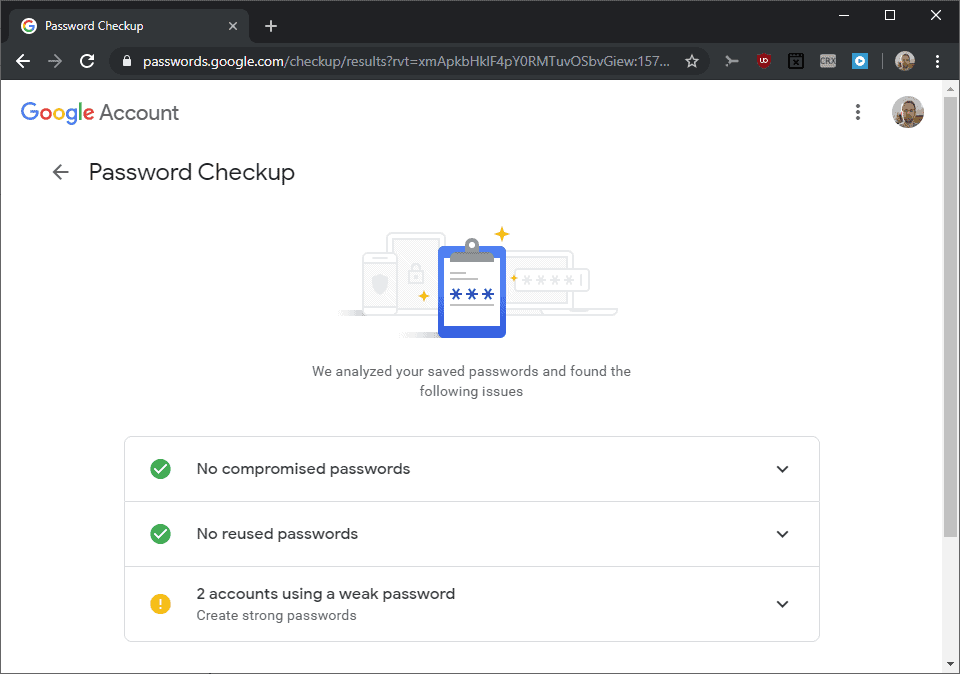 Google Password audits all your passwords to reveal weak, reused or compromised passwords