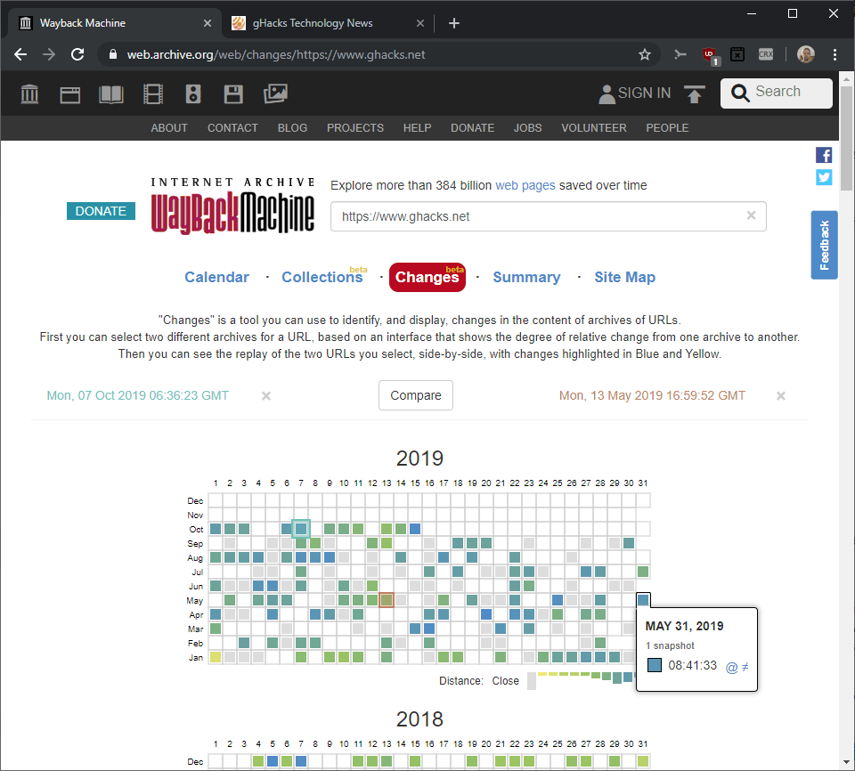 wayback machine compare internet pages