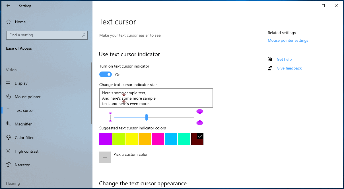 windows 10 text cursor indicator
