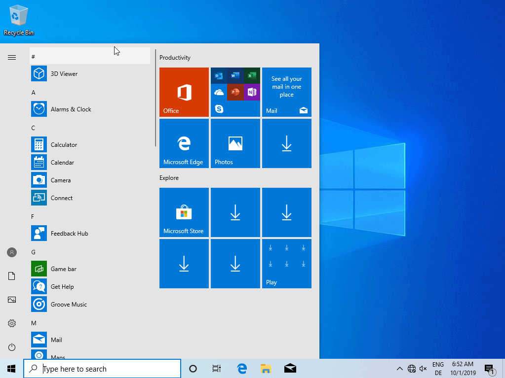 windows 10 version 1909 start menu