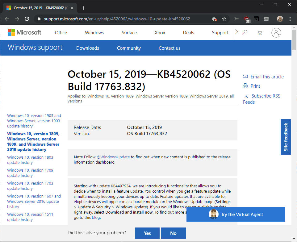 mises à jour d'octobre 2019 pour Windows KB4520062