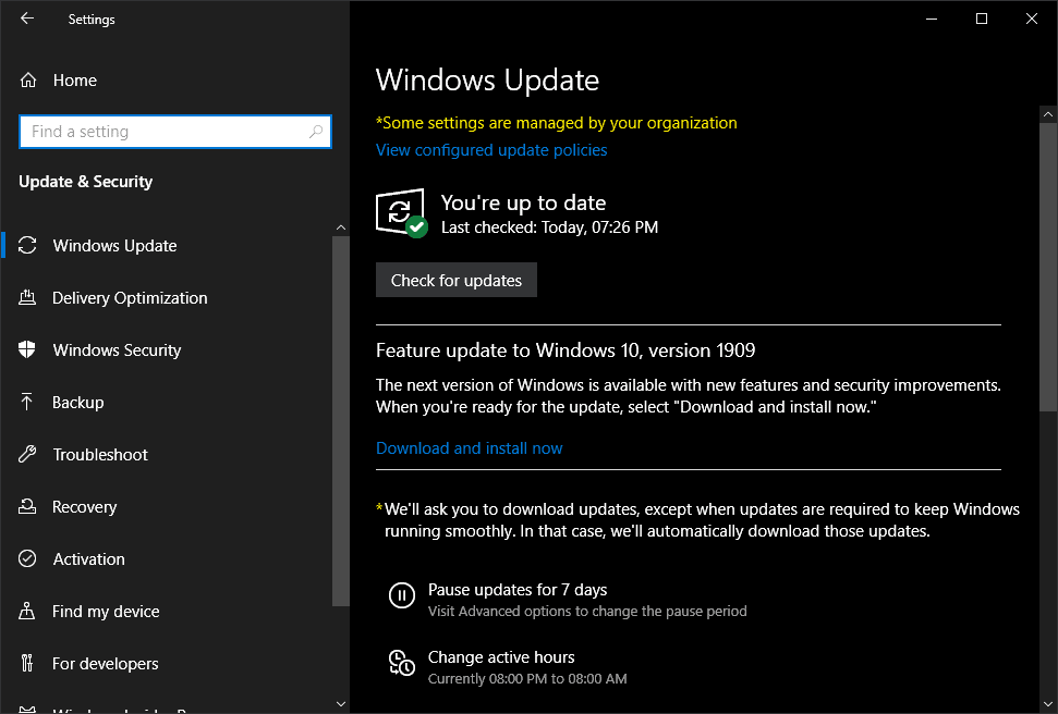 feature update windows 10 1909