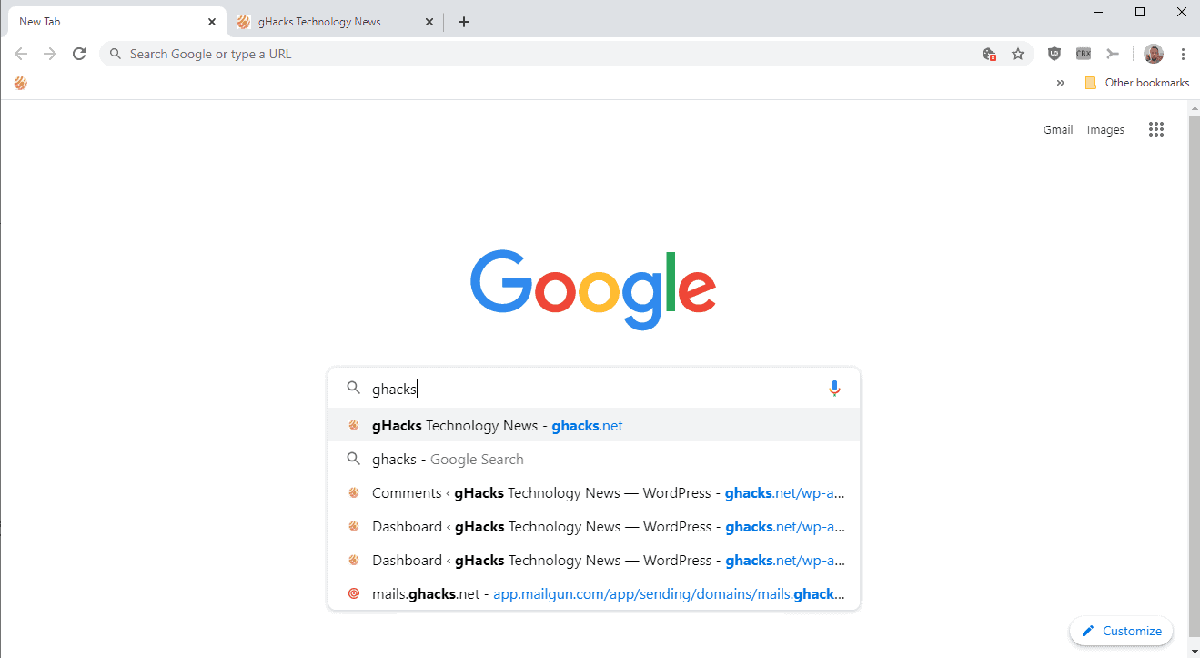 google chrome real search new tab page